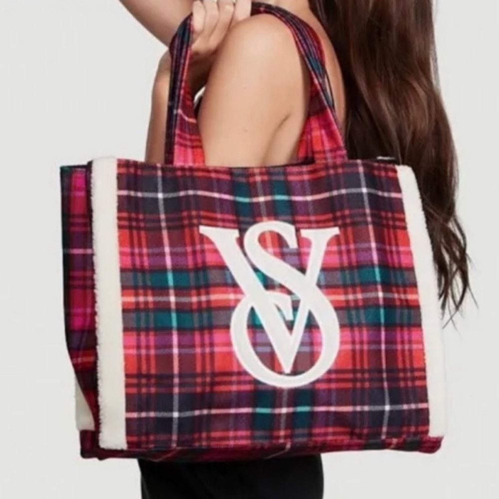 Victoria Secret Limited Edition 2022 Holiday VS Monogram Red Plaid Tote Bag